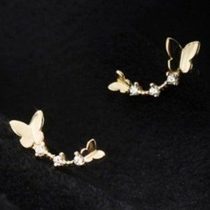 S925 Long Butterflies Stud Earrings-Gold ECZ020 SS077